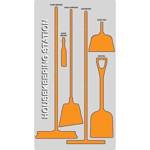 5S Housekeeping Shadow Board Broom Station Version 8- Gray Board / Orange Shadows  With Broom, 5S Supplies, Mfr#: HSB-V8-GRAY/ORANGE-KIT